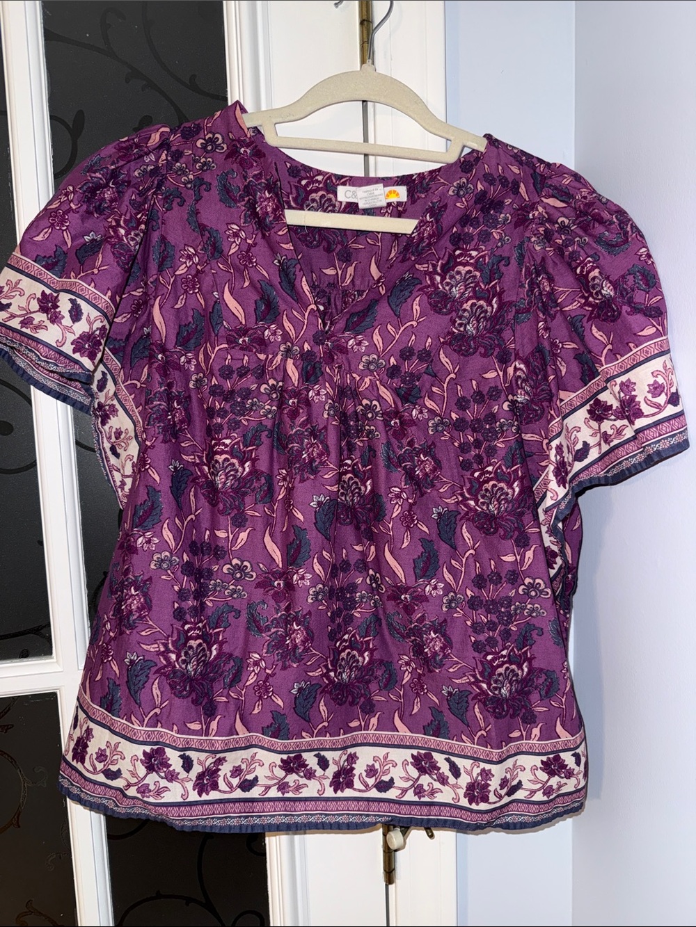 Boho Floral Purple Peasant Top - Women's